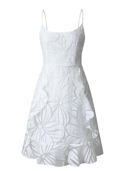 Spaghetti Strap Empire Waist Mini White Ruffle Dress - SHExFAB