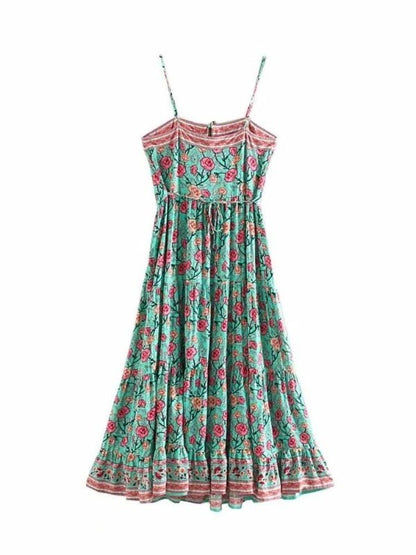 Spaghetti Strap Green Floral Casual Long Ddlowy Dresses - SHExFAB