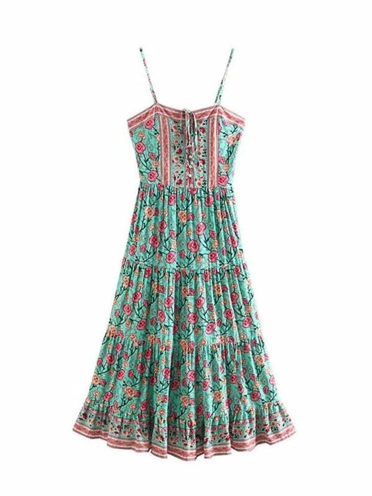 Spaghetti Strap Green Floral Casual Long Ddlowy Dresses - SHExFAB