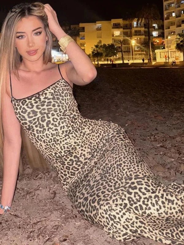 Spaghetti Strap Leopard Print Backless Maxi Dress - SHExFAB