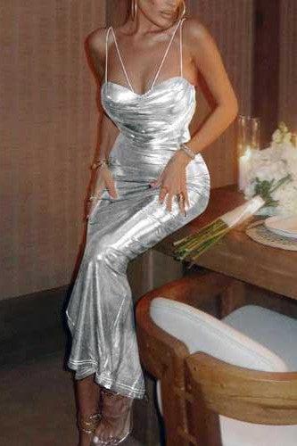 Spaghetti Strap Long Evening Silver Dress - SHExFAB