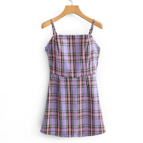 Spaghetti Strap Purple Plaid Dress - SHExFAB