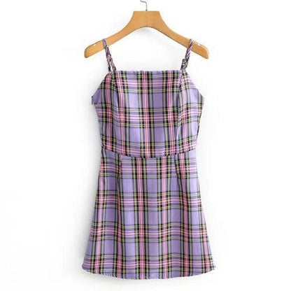 Spaghetti Strap Purple Plaid Dress - SHExFAB