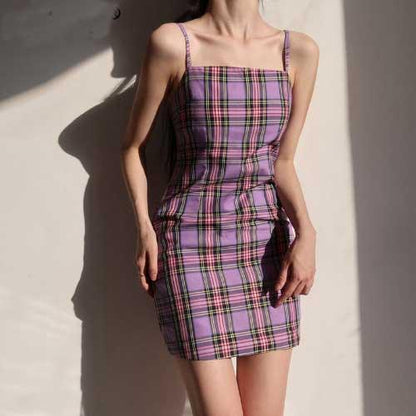 Spaghetti Strap Purple Plaid Dress - SHExFAB