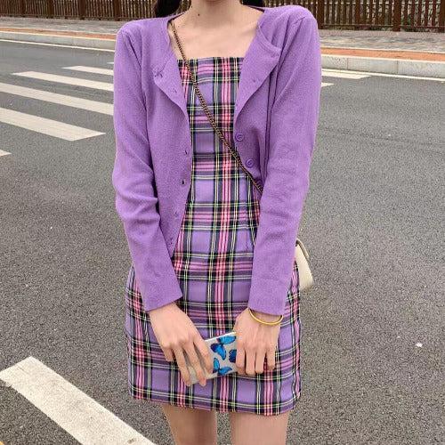 Spaghetti Strap Purple Plaid Dress - SHExFAB