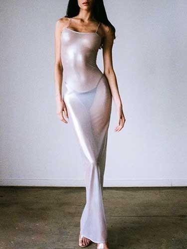 Spaghetti Strap Shiny Silver Backless Sheer Bodycon Dress - SHExFAB