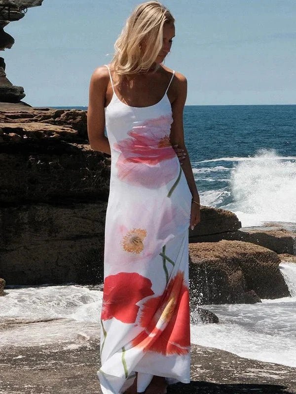 Spaghetti Strap White Long Floral Dress - SHExFAB