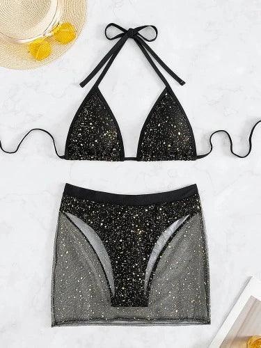 Sparkle Black High Waist 3 Piece Bikini Set with Skirt - SHExFAB