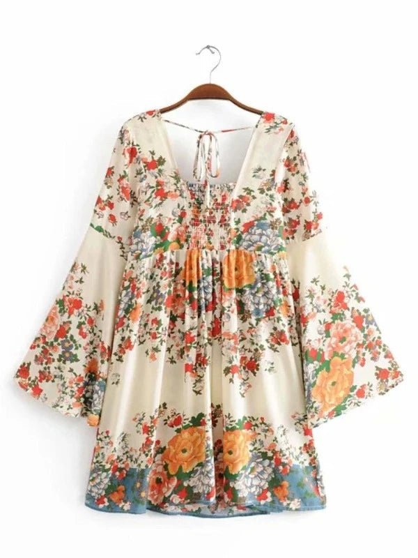 Square Collar Vintage Floral Boho Mini A - Line Dress - SHExFAB