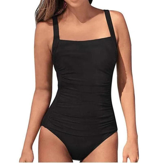 Square Neck Ruched One - Piece Tummy Control Swimsuit - SHExFAB