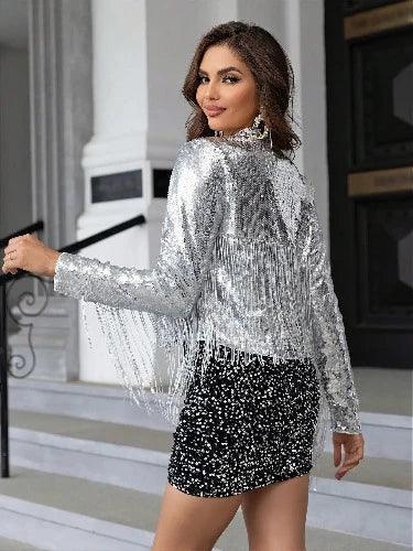 Stand Collar Fringe Trim Sleeve Short Sliver Jacket - SHExFAB