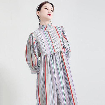 Stand Collar Striped Long Shirt Dress - SHExFAB