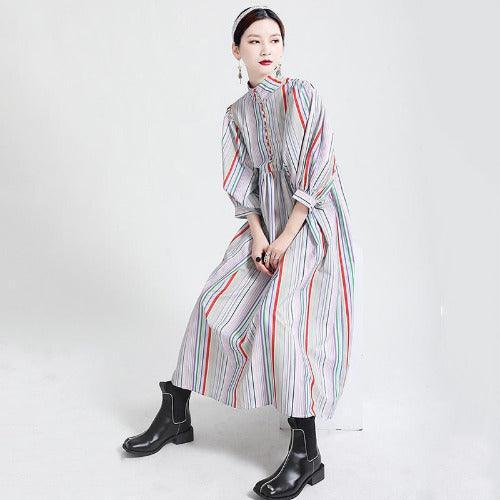 Stand Collar Striped Long Shirt Dress - SHExFAB