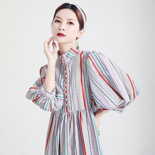 Stand Collar Striped Long Shirt Dress - SHExFAB