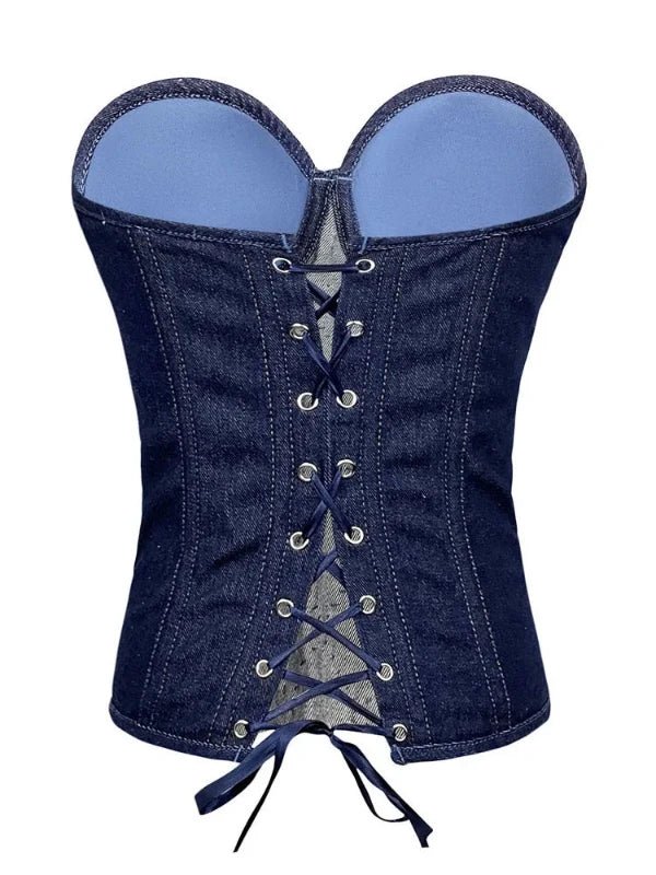 Strapless Cross Rhinestone Denim Corset Cami Top - SHExFAB