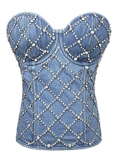 Strapless Cross Rhinestone Denim Corset Cami Top - SHExFAB