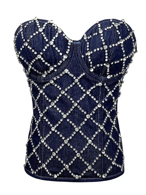 Strapless Cross Rhinestone Denim Corset Cami Top - SHExFAB