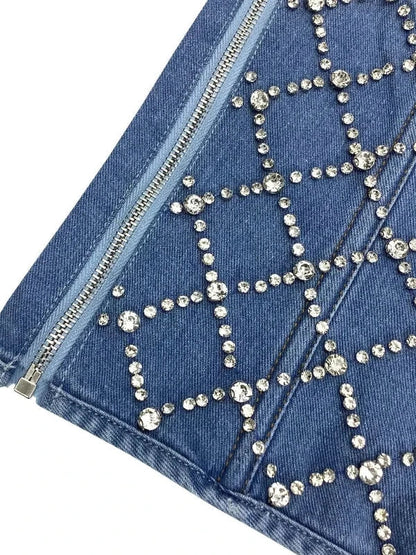 Strapless Cross Rhinestone Denim Corset Cami Top - SHExFAB