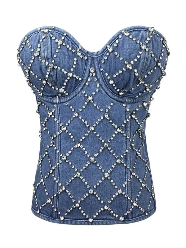 Strapless Cross Rhinestone Denim Corset Cami Top - SHExFAB