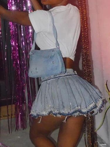 Streetwear A - Line Mini Pleated Denim Skirt - SHExFAB