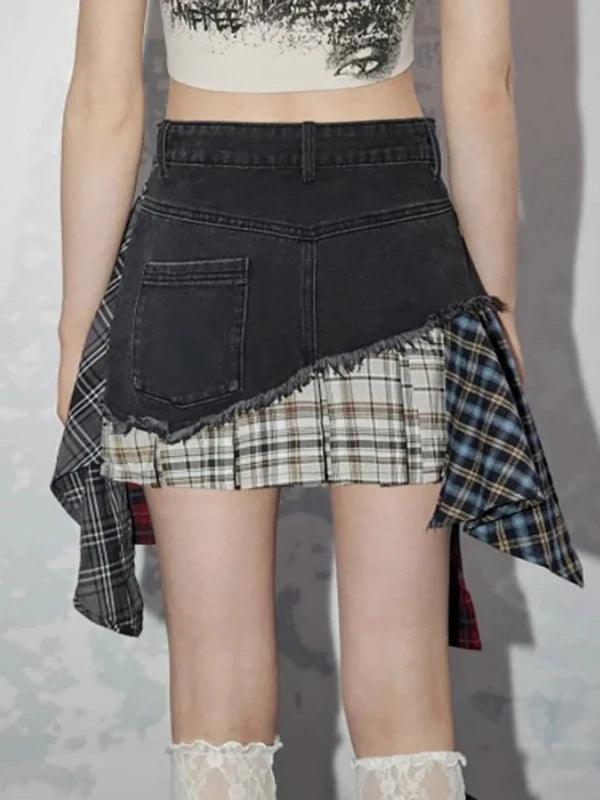 Streetwear Patchwork Plaid Denim Mini Skirt - SHExFAB