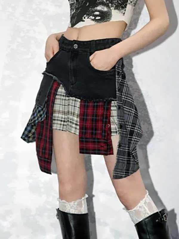 Streetwear Patchwork Plaid Denim Mini Skirt - SHExFAB