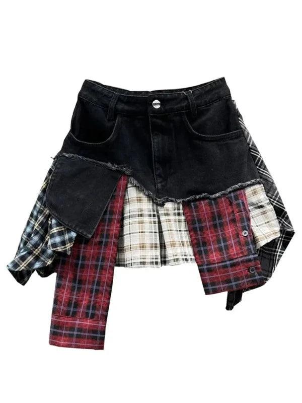 Streetwear Patchwork Plaid Denim Mini Skirt - SHExFAB