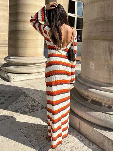 Striped Long Sleeve Backless Maxi Crochet Dress - SHExFAB