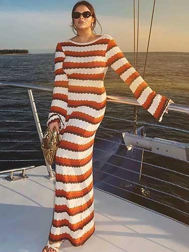 Striped Long Sleeve Backless Maxi Crochet Dress - SHExFAB