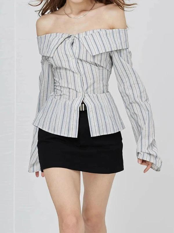 Striped Long Sleeve Slim Fit Off The Shoulder Shirt - SHExFAB