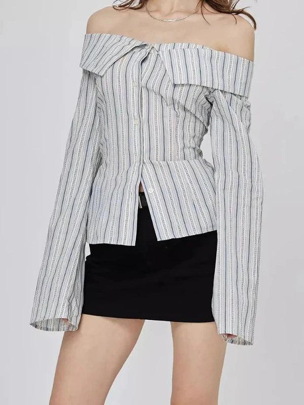 Striped Long Sleeve Slim Fit Off The Shoulder Shirt - SHExFAB