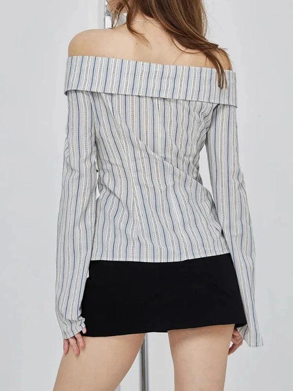 Striped Long Sleeve Slim Fit Off The Shoulder Shirt - SHExFAB