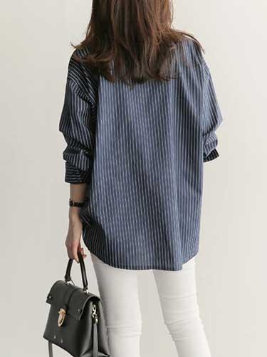 Striped Office Long Sleeve Button Up Shirt - SHExFAB