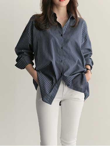 Striped Office Long Sleeve Button Up Shirt - SHExFAB