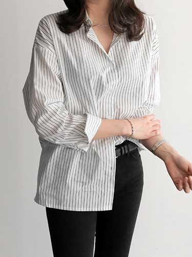 Striped Office Long Sleeve Button Up Shirt - SHExFAB