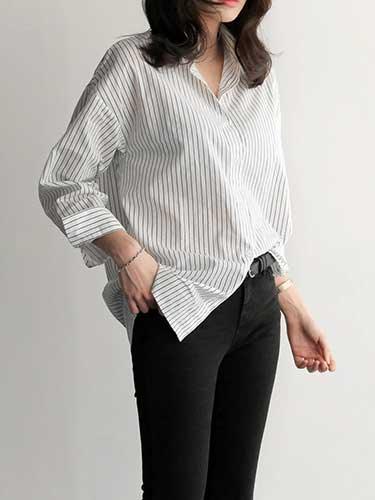 Striped Office Long Sleeve Button Up Shirt - SHExFAB