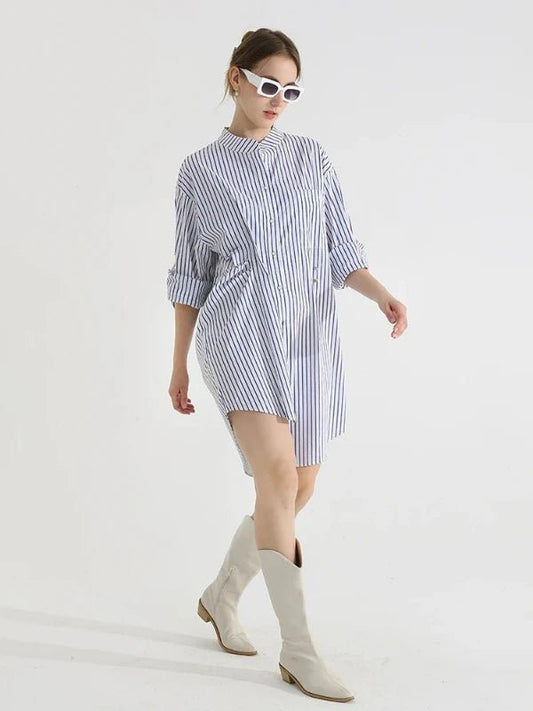 Striped Waist Retraction Ankle - Length Shirt Dress - SHExFAB