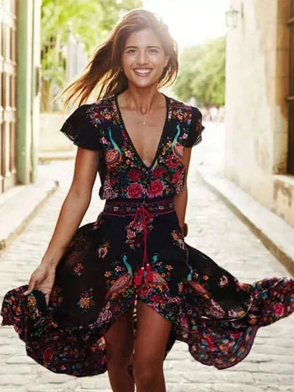 Summer Deep V - Neck Long Floral Sundress Dress - SHExFAB