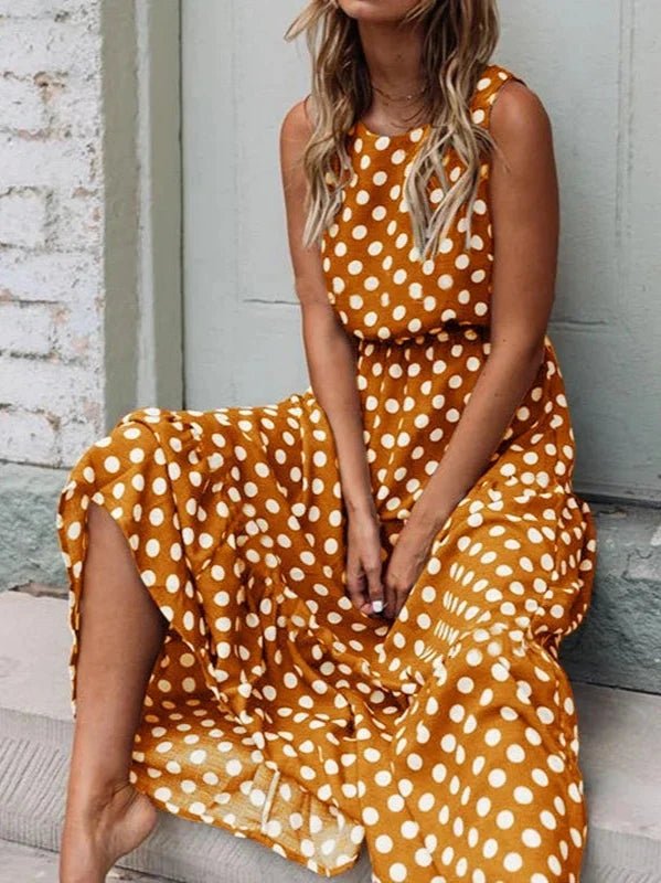 Summer Sleeveless Long A - Line Polka Dot Dress - SHExFAB