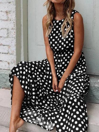 Summer Sleeveless Long A - Line Polka Dot Dress - SHExFAB