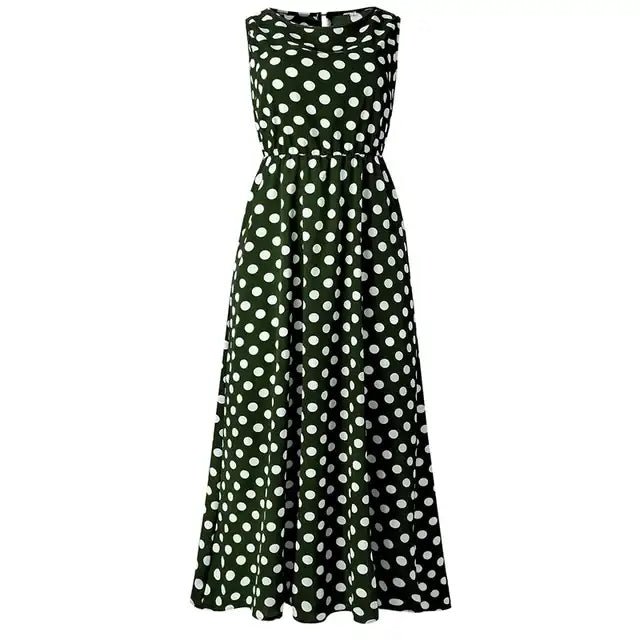 Summer Sleeveless Long A - Line Polka Dot Dress - SHExFAB