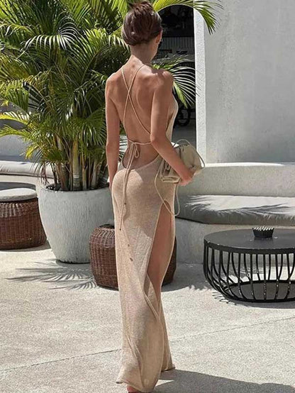 Tank Sleeve Double Slit Bikini Cover - Up Sheer Knitted Dress - SHExFAB