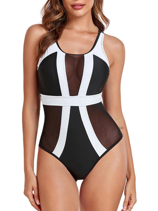 Tank Sleeve Mesh Patchwork One Piece Swimsuit - SHExFAB