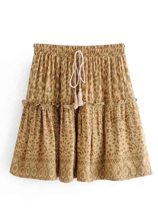 Tassel Elastic Waist Leopard Printed Ruffle Mini Skirt - SHExFAB