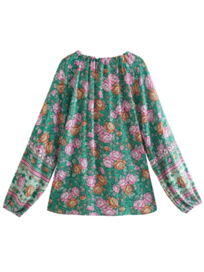 Tassel Tie Neck Lantern Sleeve Floral Blouse - SHExFAB