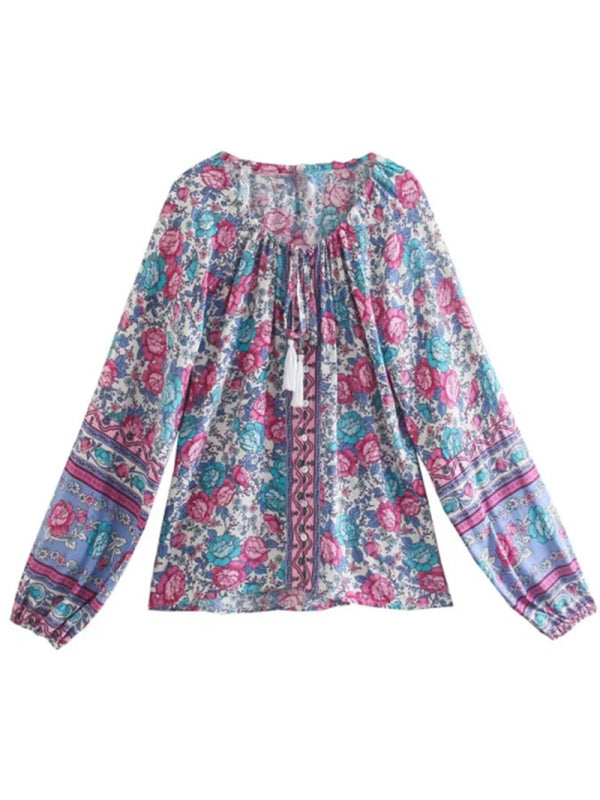 Tassel Tie Neck Lantern Sleeve Floral Blouse - SHExFAB