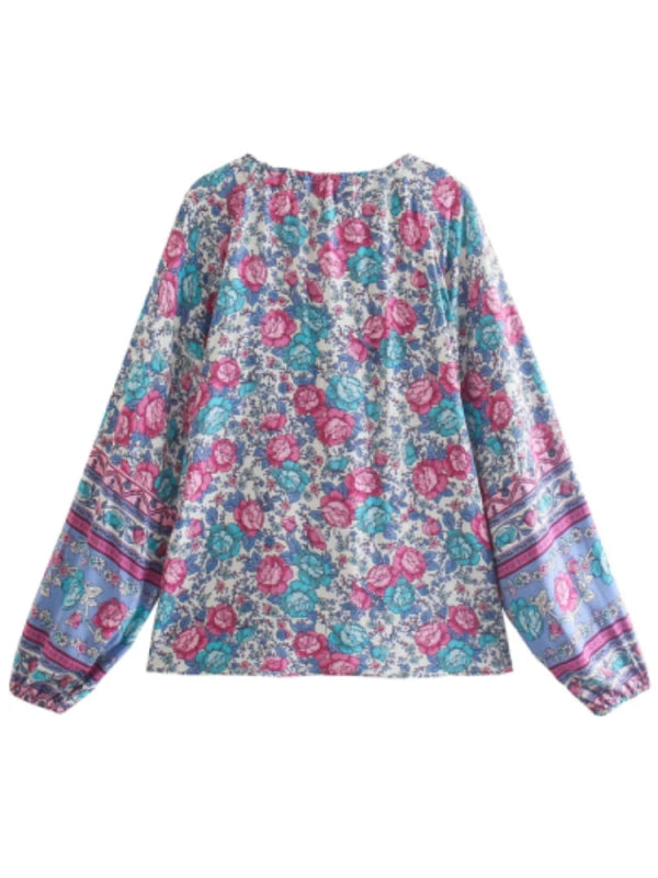 Tassel Tie Neck Lantern Sleeve Floral Blouse - SHExFAB