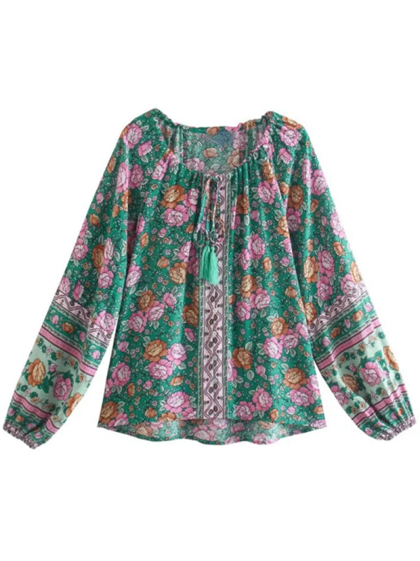 Tassel Tie Neck Lantern Sleeve Floral Blouse - SHExFAB