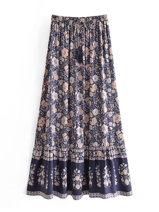 Tassel Waist Floral Printed Bohemian Pleated Maxi Skirt - SHExFAB