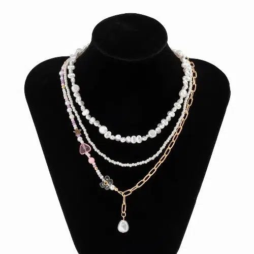 Three Layered Imitation Pearl Chain Necklace - SHExFAB